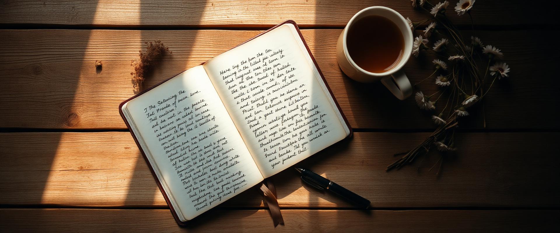 Journal and tea on a warm wooden desk