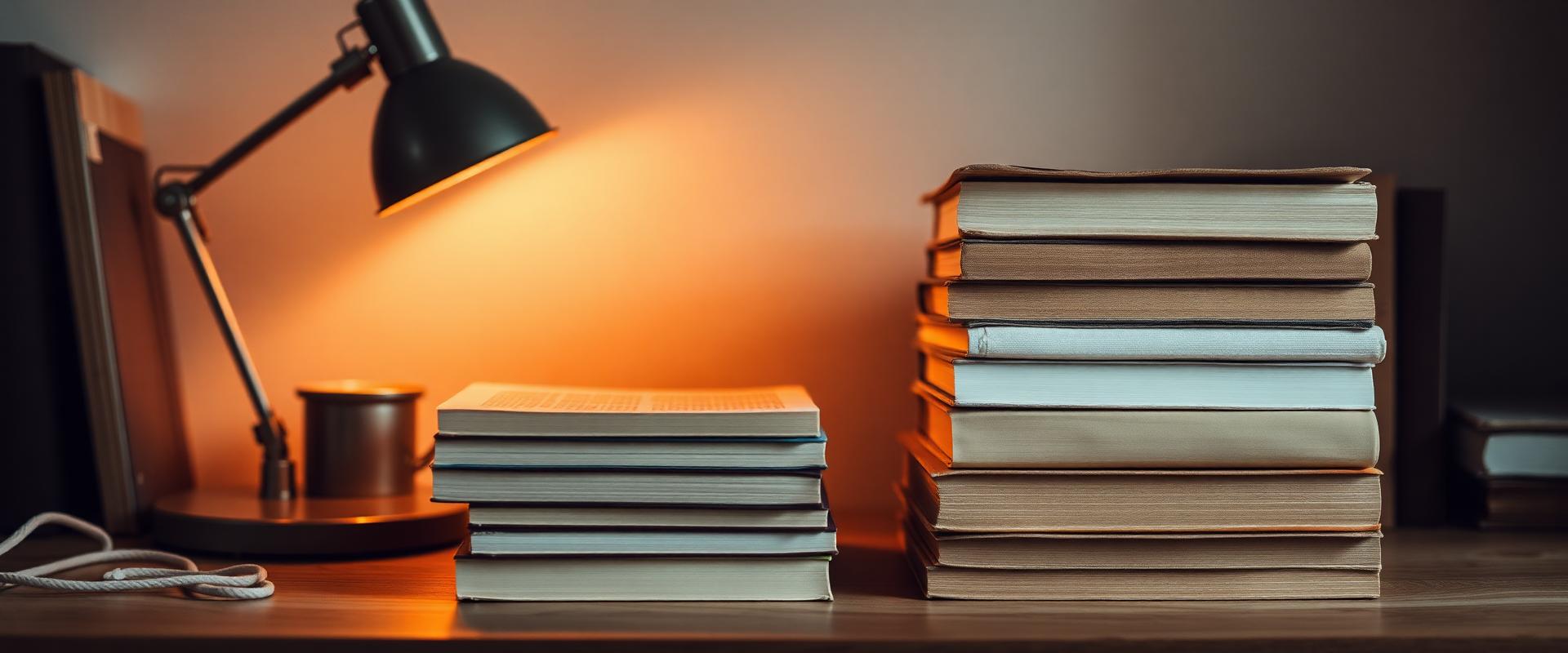 Stacked books under warm lamp light